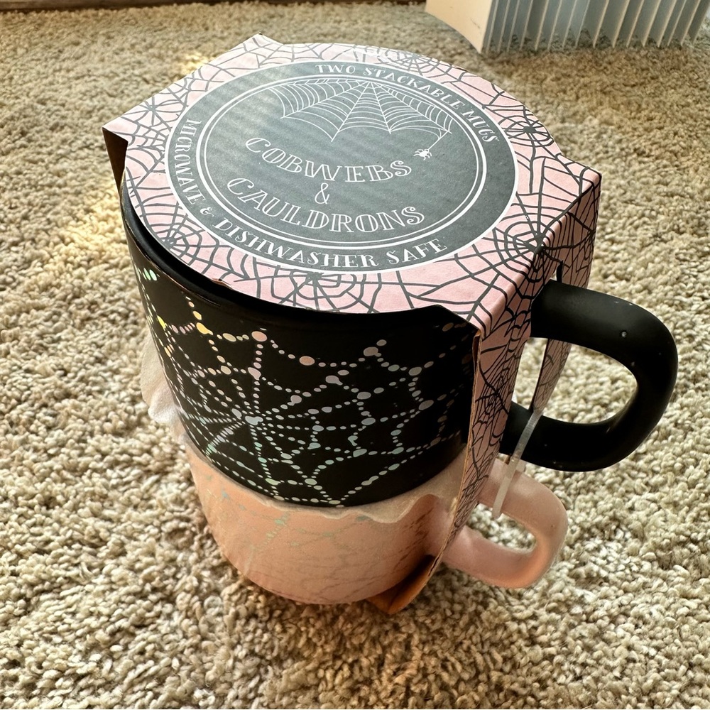 Set of Two Coffee / Tea Pink Black Mugs Holographic Spider Webs - Picture 5 of 7